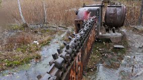 Glitch effect. Chain saw in the quarry. Russia