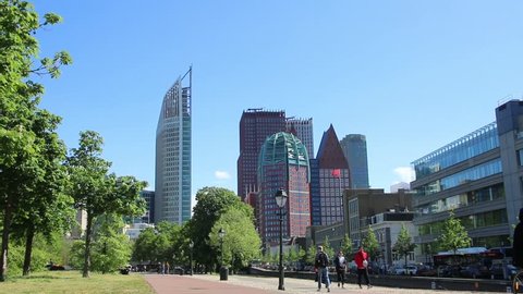 The Hague, the Netherlands - July 12 2018: tall buildings of The Hague city skyline on sunny day