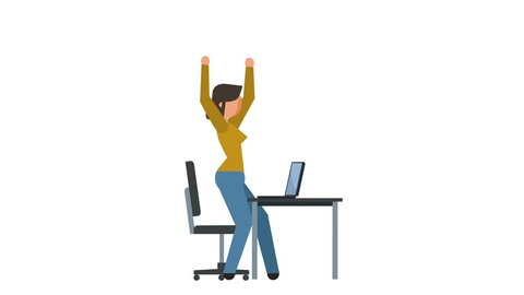 Stick Figure Pictogram Girl Character Happy Laptop Work Flat Animation