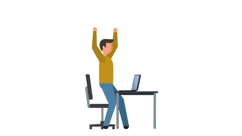 Stick Figure Pictogram Man Character Happy Computer Work Flat Animation