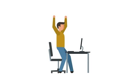 Stick Figure Pictogram Man Character Happy Laptop Work Flat Animation