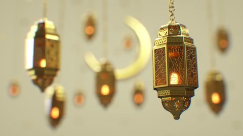 Golden Ramadan candle lanterns are hanging on clean background with flashing golden stars and golden crescent. There is space on top for your message text and logo. Top quality 3d animation.