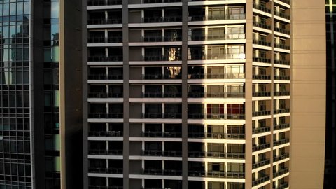 Morning Sunlight Reflecting On High Rise Windows, Manila. Aerial.