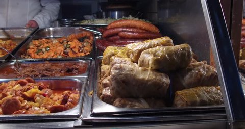 Stuffed cabage, hungarian ratatouille and other foods in a food stall in the Great Market Hall.