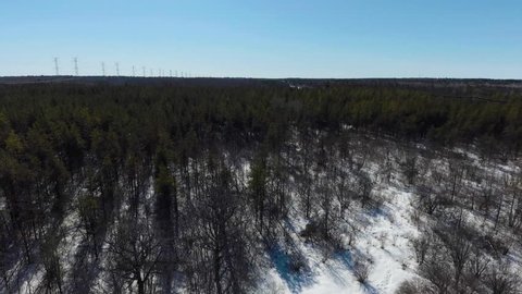 Wide angle sunny drone shot above snowy Canadian forest with hydro lines running through.