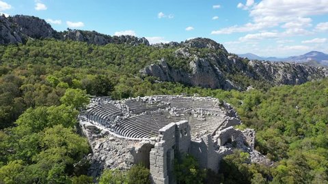 The amphitheatre in Termessos Ancient City. Termessos Pisidia region is an important ancient city founded by Solymos in Milyas section. Aerial view from Drone shooting 4K Video / Antalya-TURKEY 