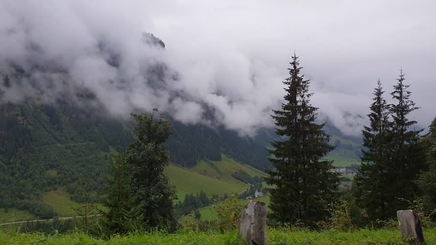 View from the Grossglockner Alpine road in Austria on a foggy day.