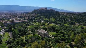 Aerial bird's eye view video taken by drone of iconic Ancient Agora, Athens historic centre, Attica, Greece
