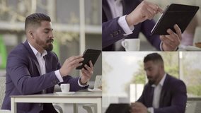 Collage of serious well-dressed mixed-race businessman with beard and stylish hairdo sitting in cafe, working on tablet, swiping presentation. Work, business concept
