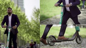 Collage of serious well-dressed mixed-race businessman with beard and stylish hairdo moving on scooter to work, hurrying up. Work, business concept