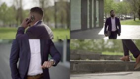 Collage of serious well-dressed mixed-race businessman with beard walking fast, being late for meeting, talking on phone, looking at watch. Work, business concept