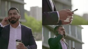 Collage of serious well-dressed mixed-race businessman with beard walking outside, talking and texting on phone, drinking takeaway coffee. Work concept