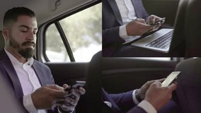 Collage of serious well-dressed mixed-race businessman with beard and stylish hairdo sitting in car, working on laptop, typing on phone. Work, business concept