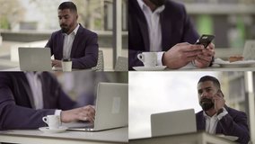 Collage of serious well-dressed mixed-race businessman with beard and stylish hairdo sitting in cafe, working on laptop, talking and typing on phone. Work, business concept