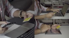 Collage of young female Caucasian hands paying online on laptop, smartphone and tablet, putting bank card data. Online shopping, lifestyle concept 