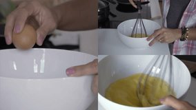 Collage of close up shots of young female hands smashing and mixing eggs. Cooking concept 