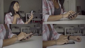 Collage of happy young woman in homewear sitting at table, texting on phone and tablet, having video chat on phone. Communication, lifestyle concept 