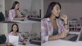 Collage of pretty young woman in homewear sitting at home, typing and having video chat on laptop, checking data on paper. Communication, work concept 