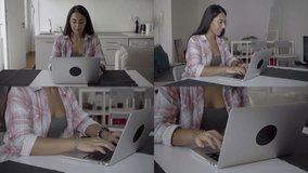 Collage of medium shots of enthusiastic young woman sitting in kitchen, working at laptop, typing quickly, smiling. Work, lifestyle concept