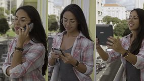 Collage of medium shots of happy young woman in homewear standing at balcony, talking and texting on phone, having video chat on tablet, looking at camera. Communication, lifestyle concept 