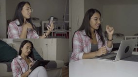 Collage of happy young woman in homewear sitting at home, texting on tablet, having video chat on laptop and phone, talking. Communication, lifestyle concept 