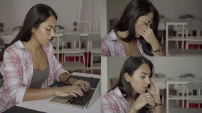 Collage of tired young woman working hard at laptop, massaging head and temples with hands, taking off spectacles. Fatigue, work concept
