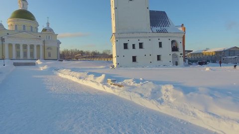 Glitch effect. Leaning Tower Nevyansk winter. Russia