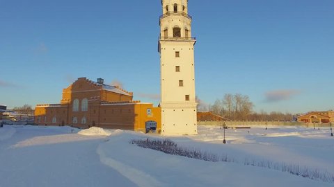 Glitch effect. Leaning Tower Nevyansk winter. Russia