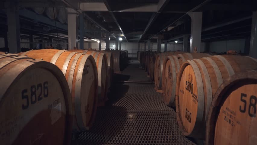 Barrels of cognac, wine or whiskey. Extract of brandy in oak barrels. Alcohol warehouse. Hundreds of barrels in an underground vault. Camera movement between barrels.
