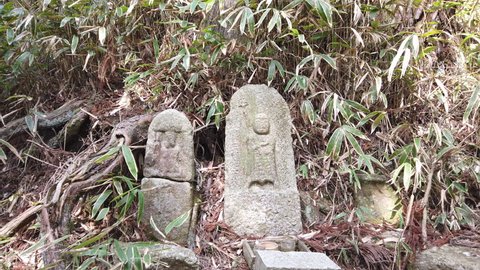 A slide (zoom) shot of Jizo (Buddha) statues on a rural mountain trail in Japan.
