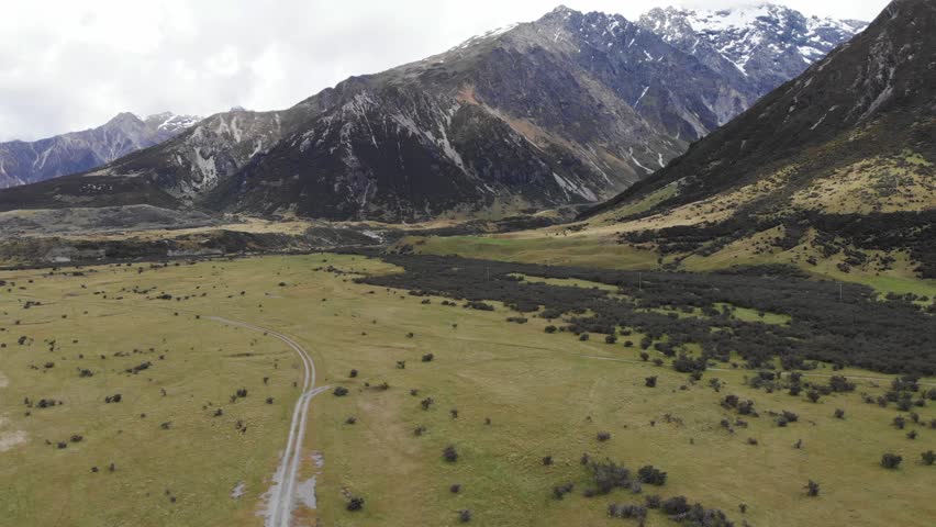 Mount Cook Road drone aereo view, New Zealand, South Island, NZ