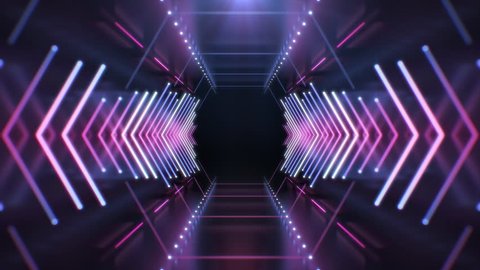 Abstract Neon Hexagon Tunnel endless seamless looped animated background. Technology 4K video concept. Moving forward inside fluorescent ultraviolet glowing light lines. 