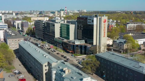 Tallinn / ESTONIA - 29 APRIL, 2019: Aerial approach towards Swedbank Estonian headquarters