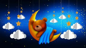 Cute bear cartoon sleeping on moon, best loop video screen background for lullaby to put a baby to sleep, calming relaxing