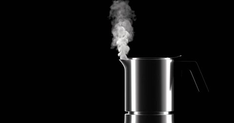 Стоковое видео: Creative minimal abstract of fresh morning and energy happiness concept.Italian espresso coffee boiling in a Moka pot with loop steam on black background. 3d illustration rendering animation.