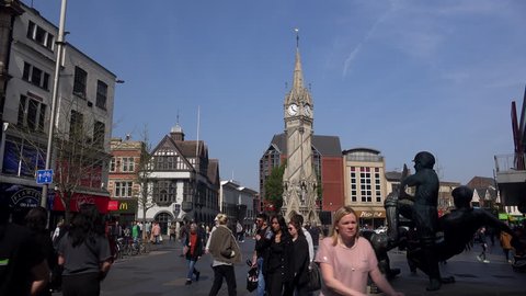 Leicester, Leicestershire / England - April 30 2019: Leicester is known in modern times as the place where King Richard 3rd of England was found buried in a car park. City centre and old town UK 4K. 