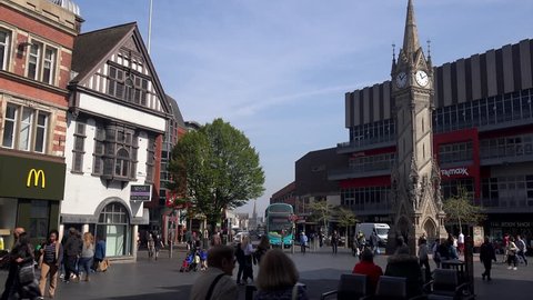 Leicester, Leicestershire / England - April 30 2019: Leicester is famous for being the burial place of King Richard 3rd in a car park. People in city centre shopping on a sunny day UK time lapse 4K