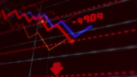 Crisis, recession, business crash, markets down, economic decline and stock collapse concept. Red dynamic downward trend chart. 3d screen stylized animation.