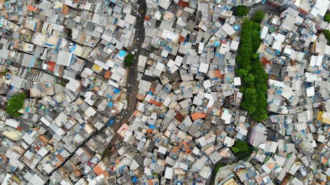 Drone Aerial shot. High View Of Rooftops Of Rocinha Favela. Rio De Janeiro. Brazil 
