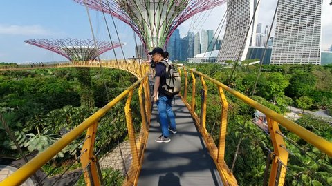 Marina Bay/Singapore - 4 May 2019: Tracking shot of tourists walking on the skywalk of the Supertrees at Gardens by the Bay in Singapore