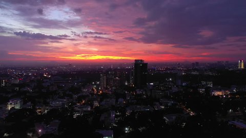 sunset sky flight over bangalore cityscape aerial panorama 4k india