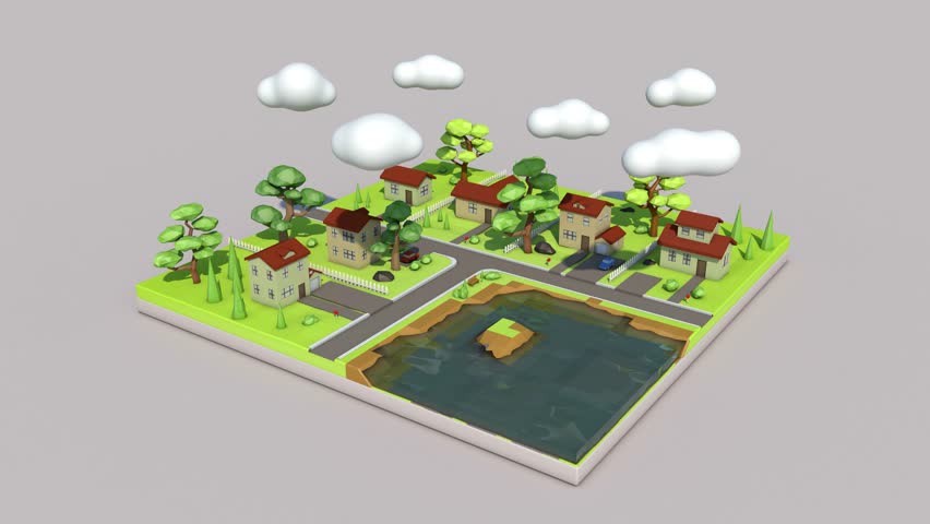 small town with lake, road and trees