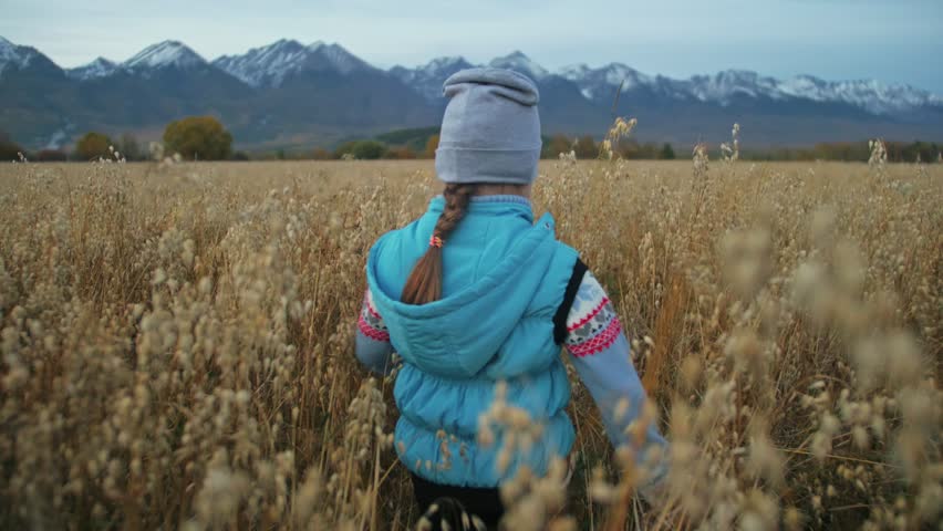 Baby girl walking in wheat field. Kid runs against the backdrop of beautiful mountains with snow-capped peaks. Child shows different emotions: fear and joy, loss and relax, happy.