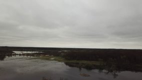 Grand river watershed. Aerial Drone footage of river flooded marsh land. Trees reflected on the water. Grand river Michigan.