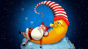Santa clause cartoon sleeping on the moon and beautiful snows, best loop video background for lullabies to put a baby go to sleep and calming, relaxing.