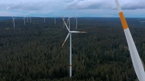 Aerial zoom out of a field of turbines in the black forest, Germany