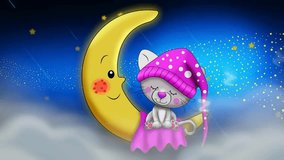 Cute cat cartoon sleeping on the moon and beautiful night, best loop video background for lullabies to put a baby go to sleep and calming, relaxing