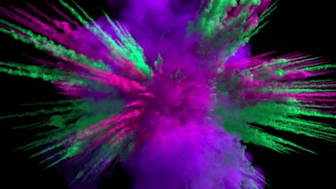 Colored smoky explosion, with trails, explodes towards the camera. Separated on pure black background, contains alpha channel.