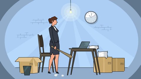 Flat cartoon businesswoman bad angry character destroy the workplace with laptop basement animation