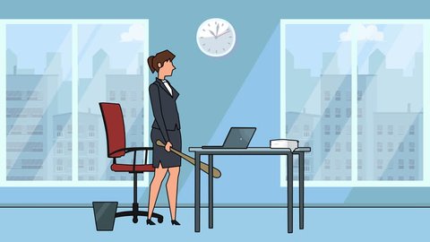 Flat cartoon businesswoman girl bad angry character destroy the workplace with laptop office animation